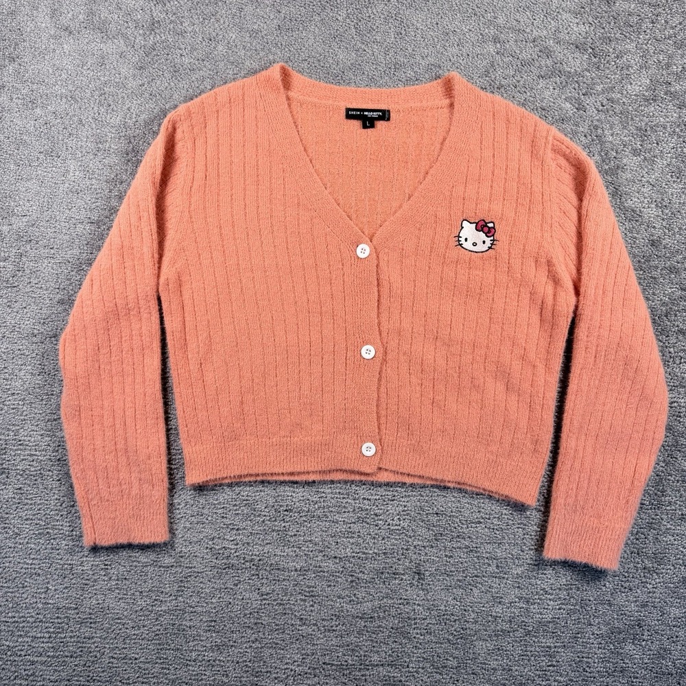 Shein + Hello Kitty Collab Cardigan Peach Pink Fuzzy Knit Sweater Crew Neck L